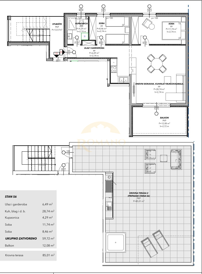 Dvosobni penthouse z razgledom na morje in strešno teraso na Čiovu, območje Saldun blizu kampa Rožac - 72 m2 + 85 m2 strešna terasa
